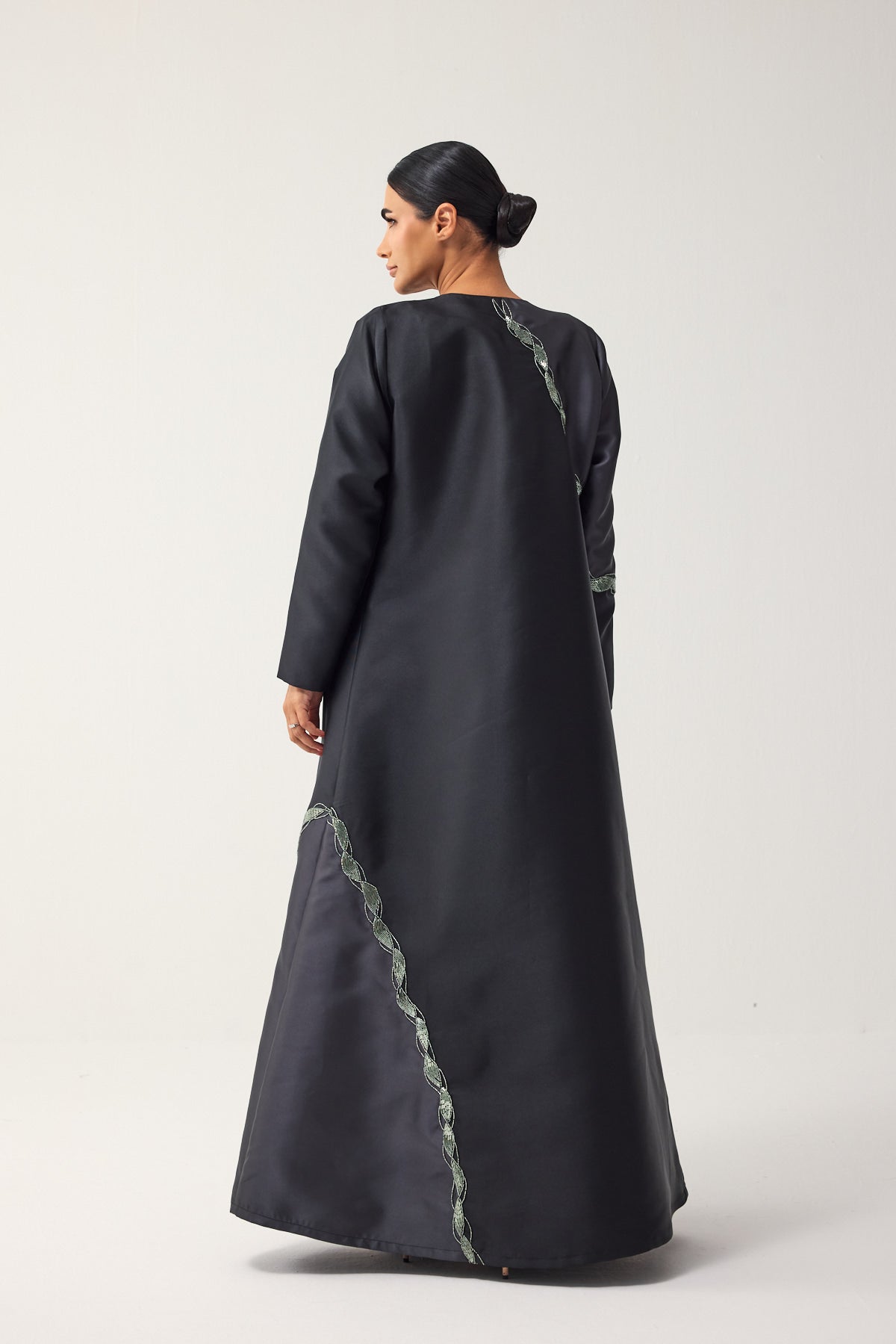 BLACK AND CHARCOAL A-LINE SATIN FORMAL ABAYA