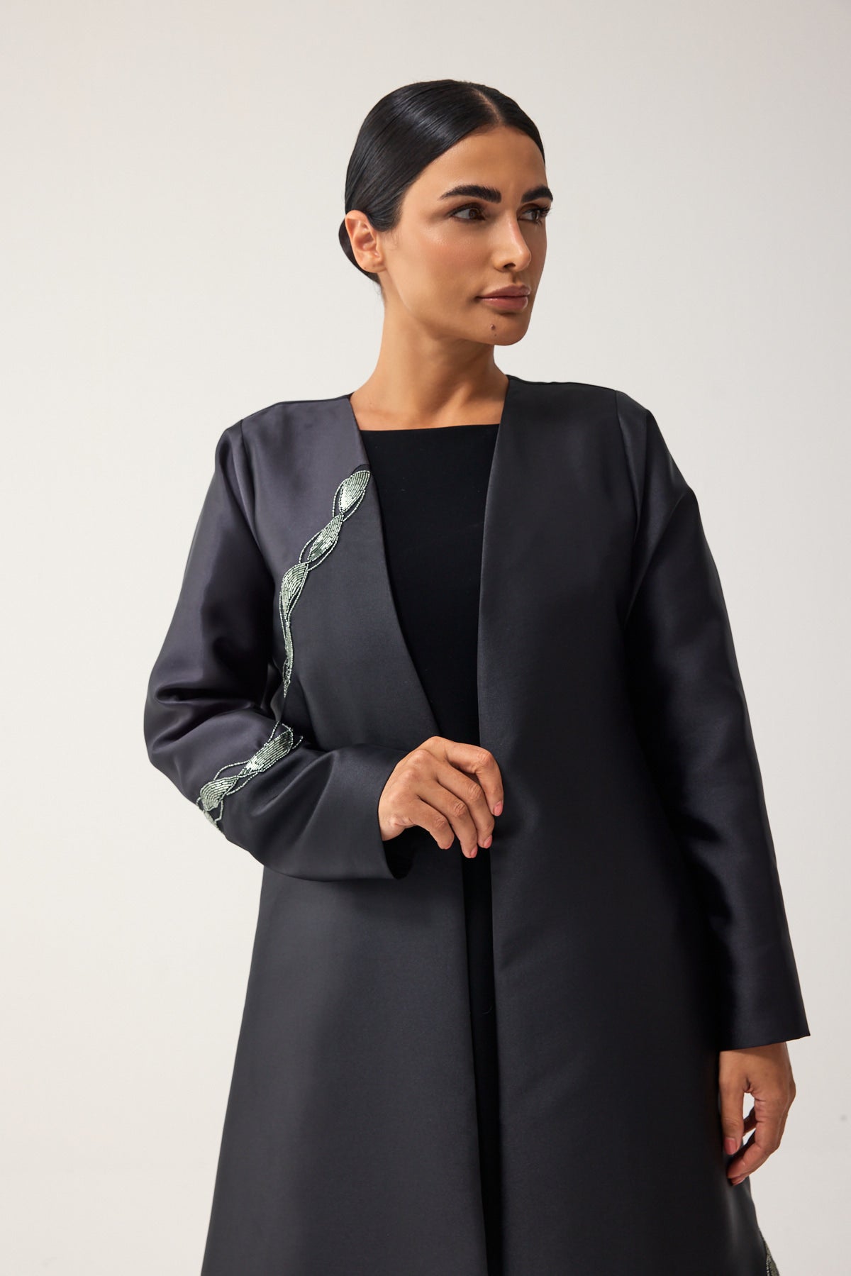 BLACK AND CHARCOAL A-LINE SATIN FORMAL ABAYA