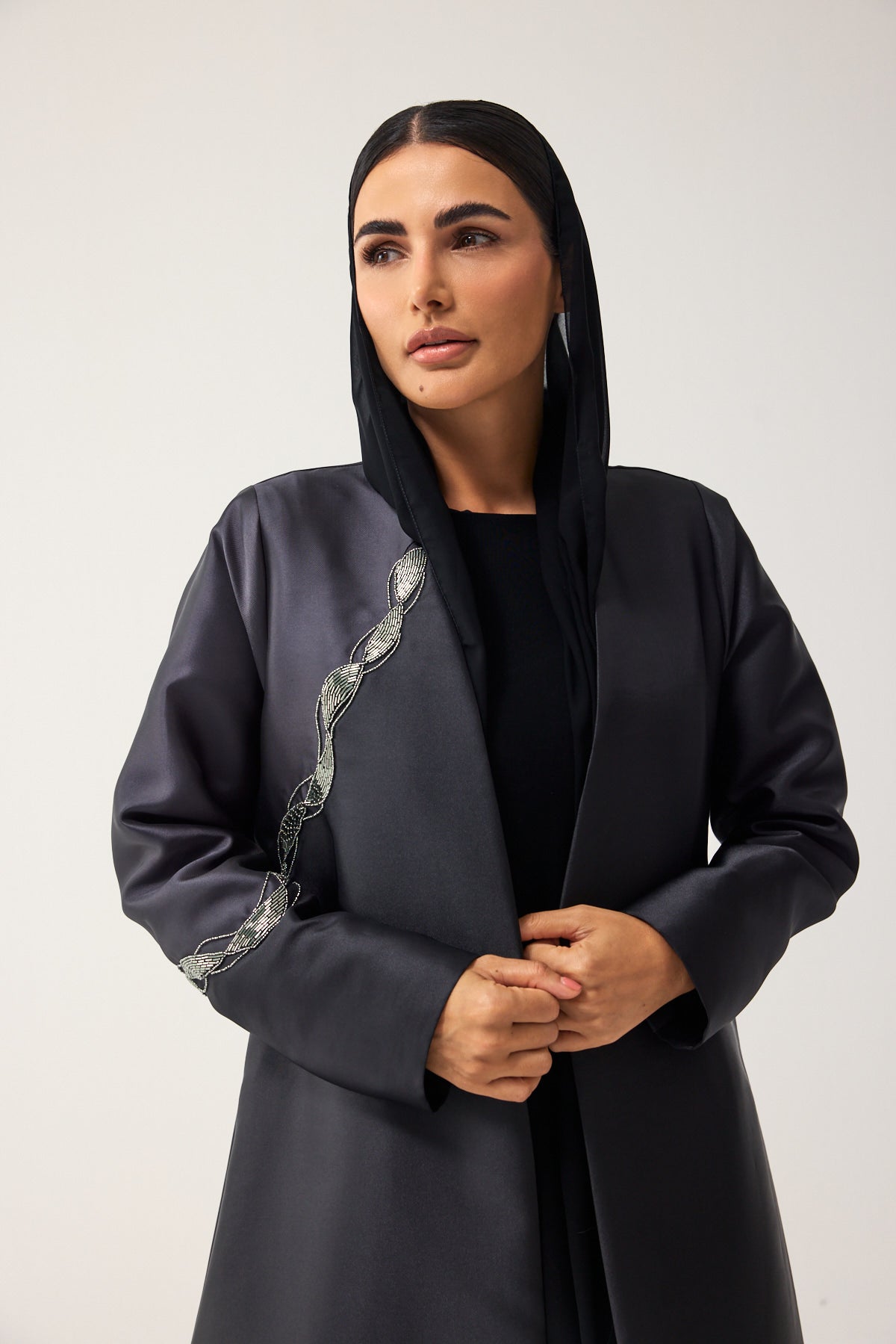 BLACK AND CHARCOAL A-LINE SATIN FORMAL ABAYA