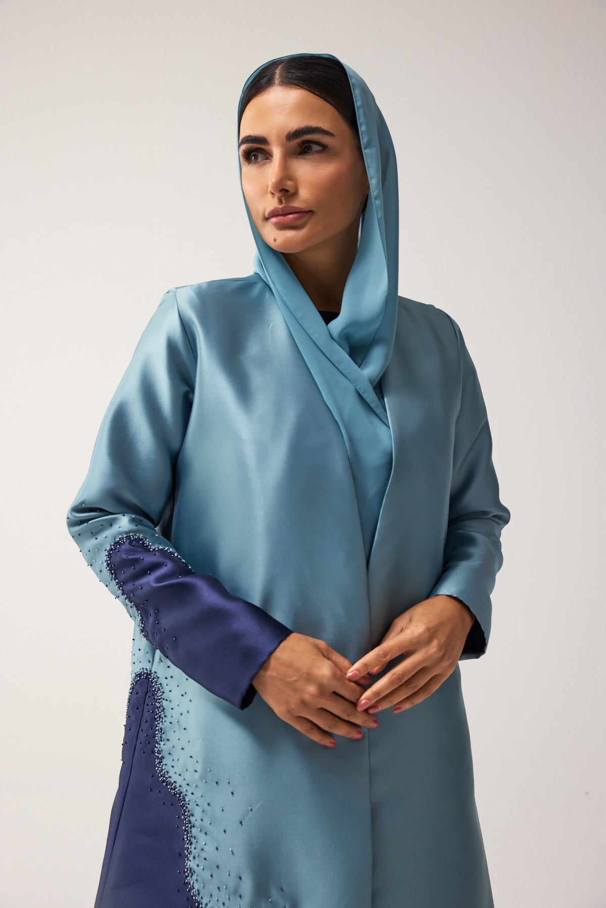 LIGHT AND NAVY BLUE A-LINE SATIN FORMAL ABAYA